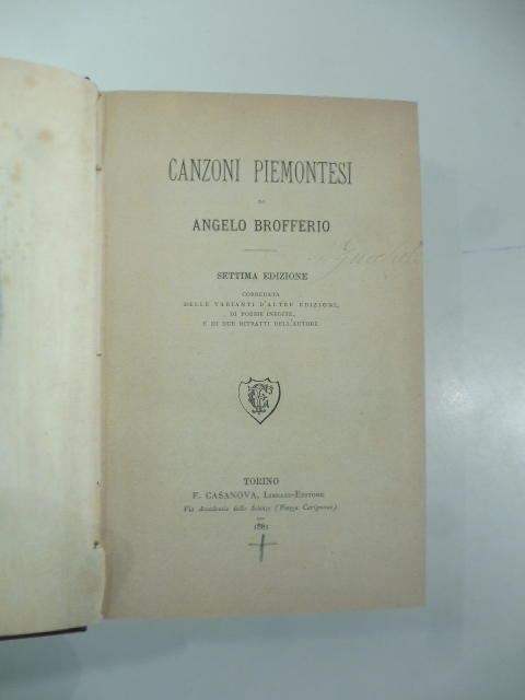 Canzoni piemontesi... settima edizione corredata delle varianti ...